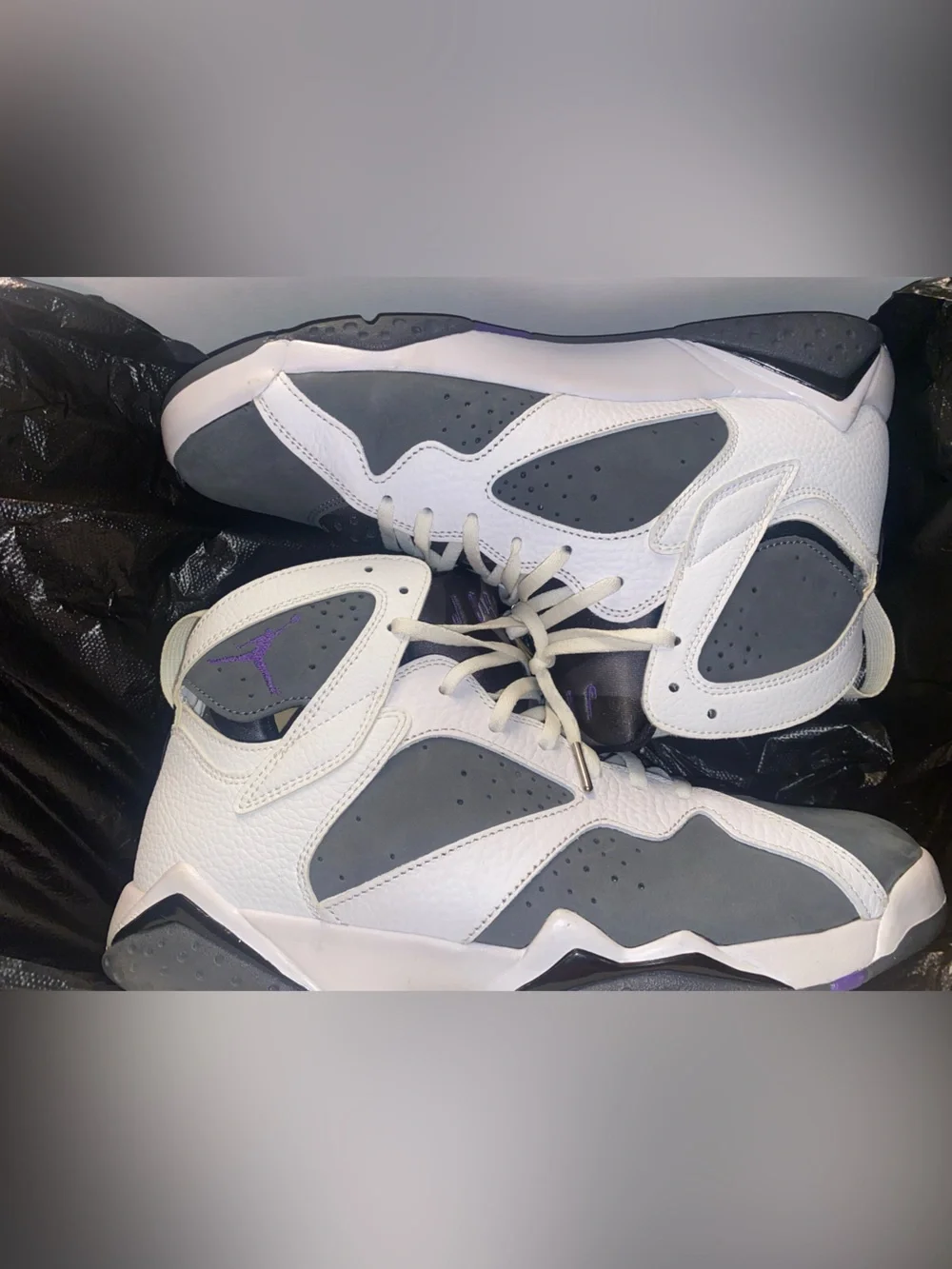 Jordan White Gray and Purple High-Top Sneakers